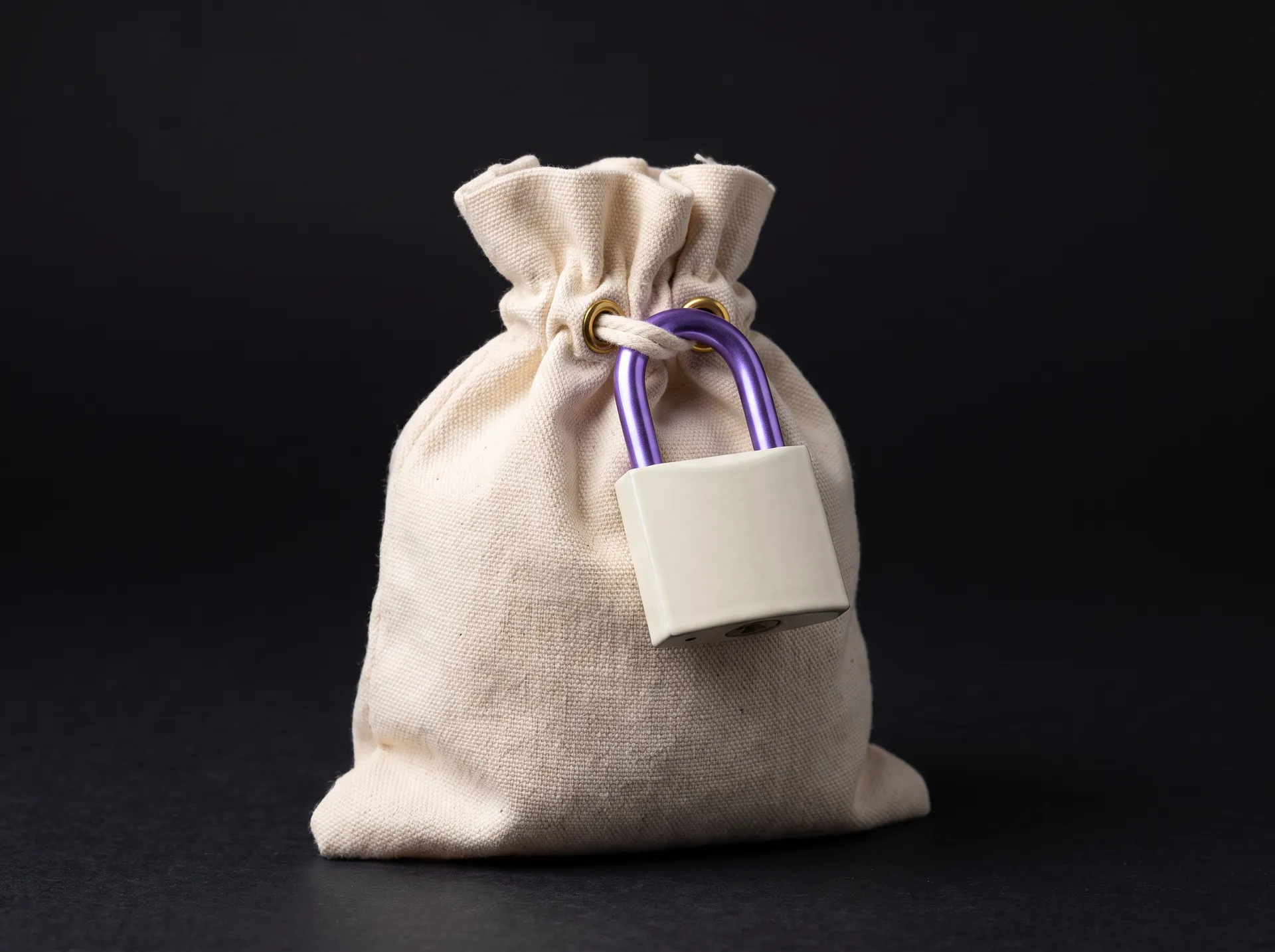 A canvas pouch cinched shut by a padlock