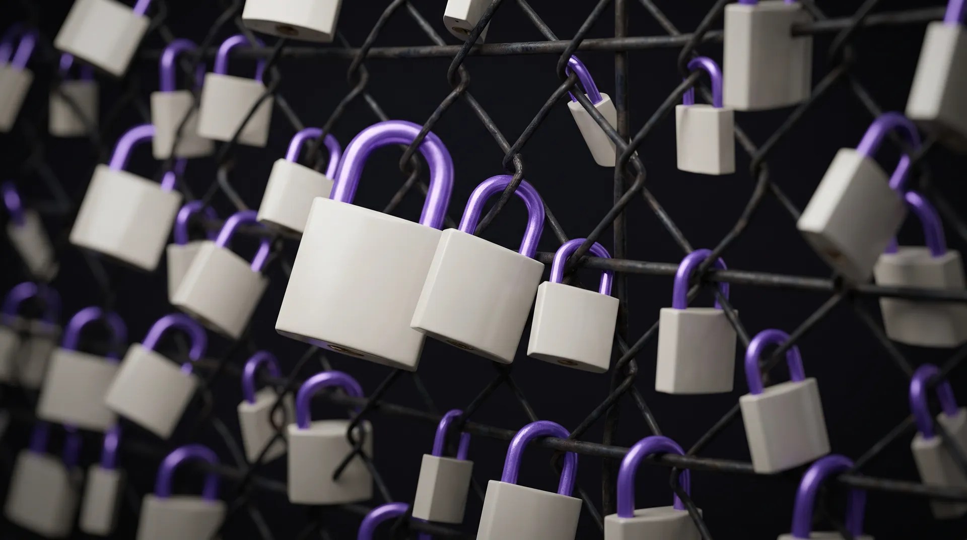 Dozens of padlocks with violet shackles locked onto a dark wire fence