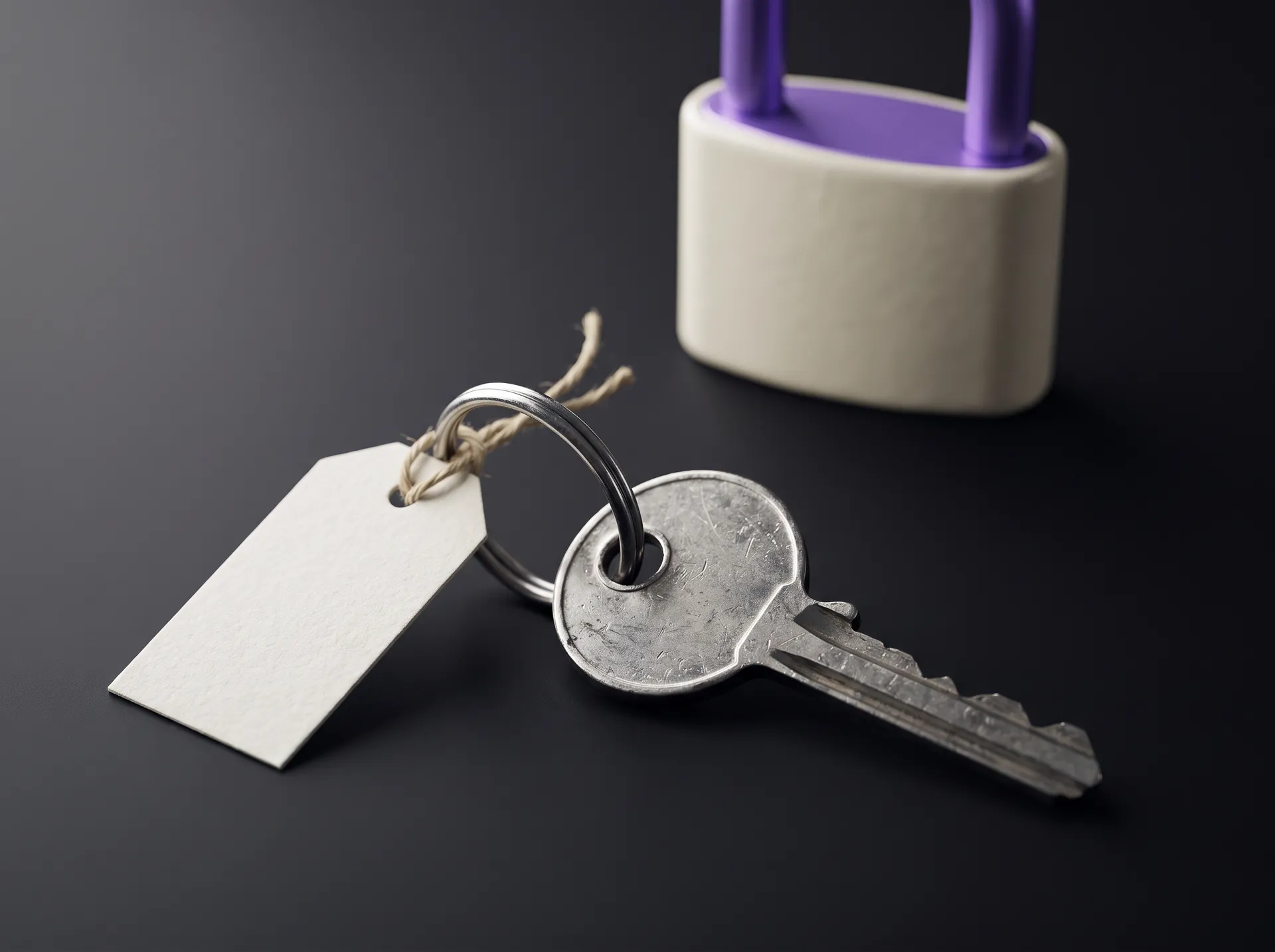 A steel key with a blank paper tag tied to it