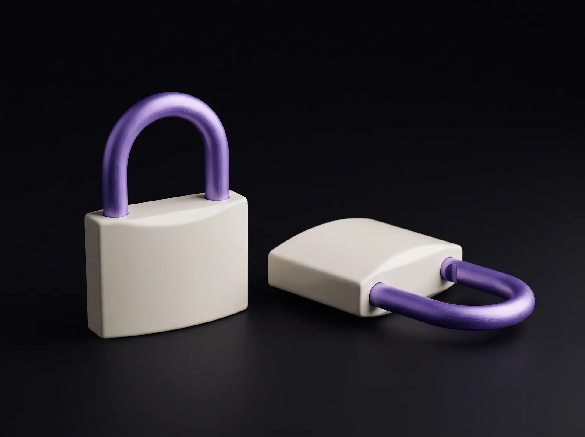 Two padlocks side by side, one closed and one with its violet shackle open
