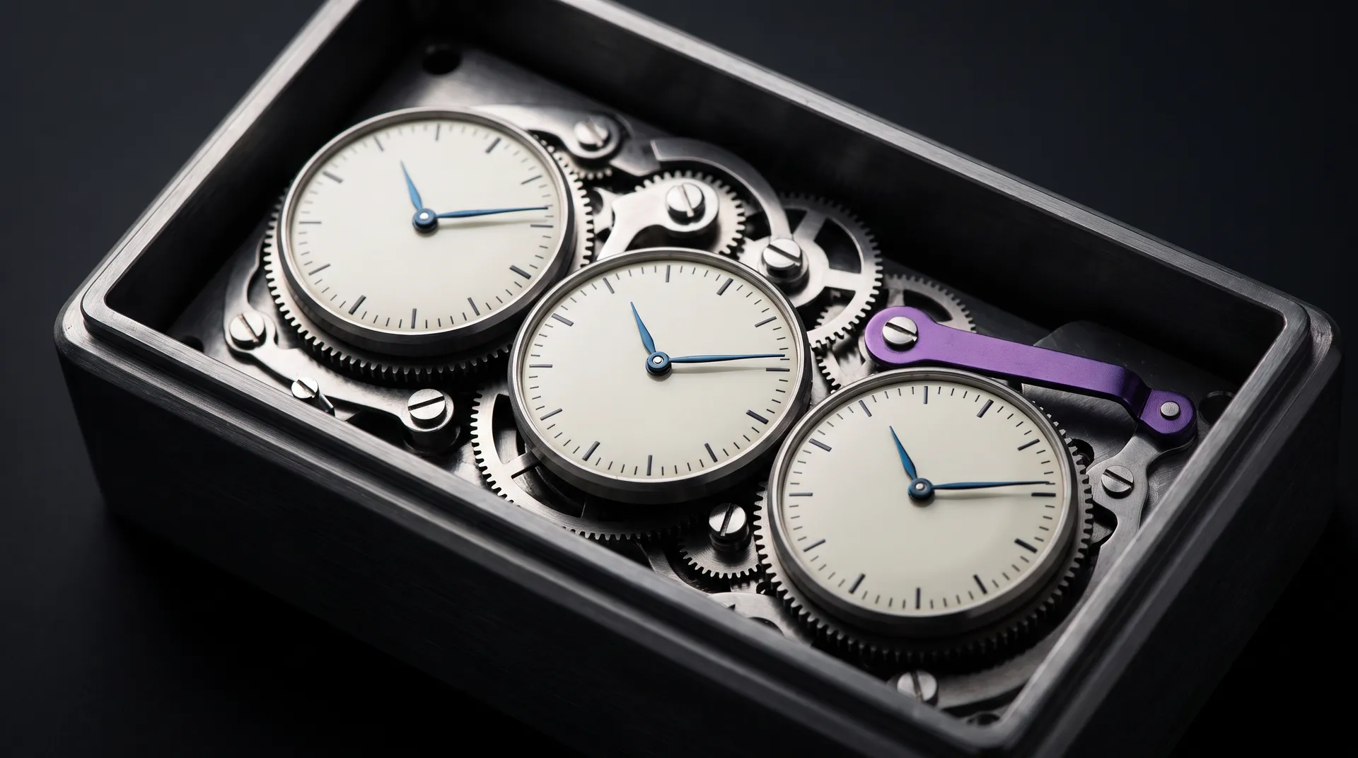 Three white dials of a vault time lock inside a dark steel case